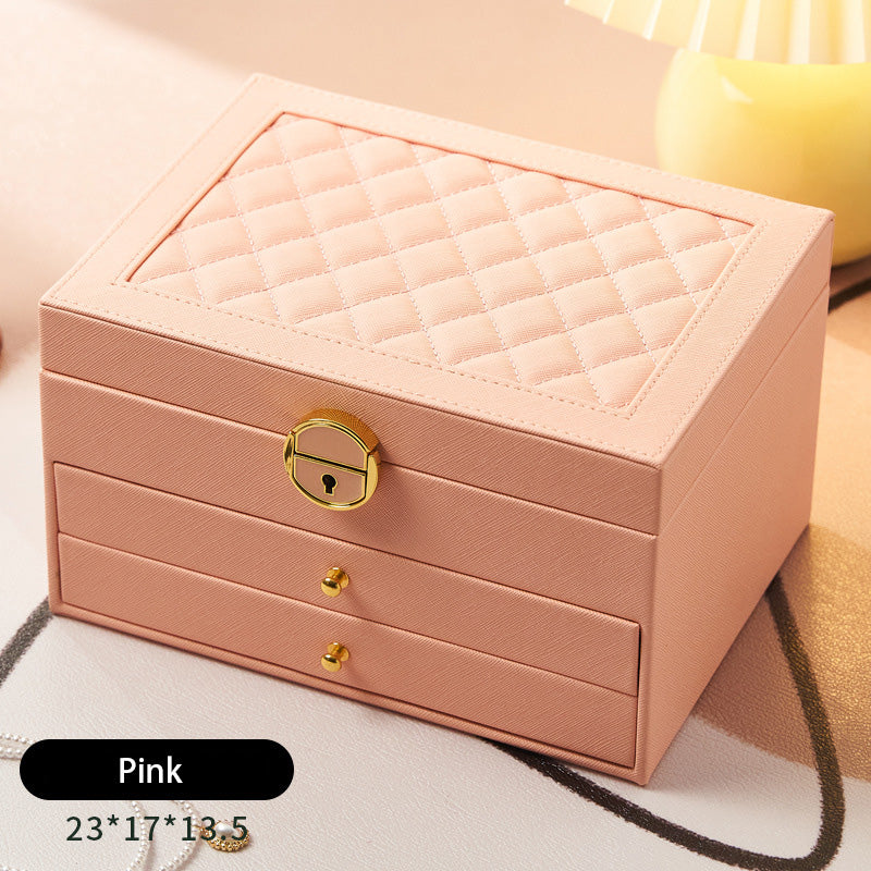 ひし形模様の鍵付き3層ジュエリーボックス