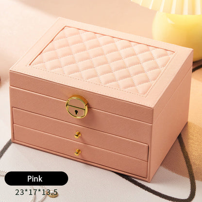 ひし形模様の鍵付き3層ジュエリーボックス