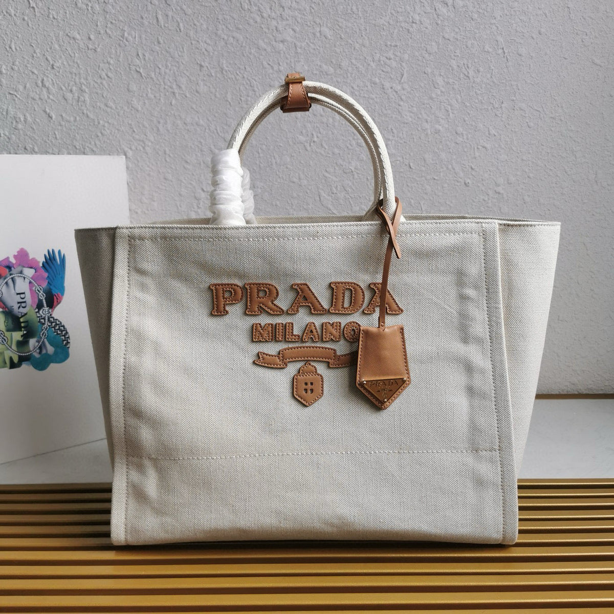 Prada Whitte Canvas shopping bag leather trim