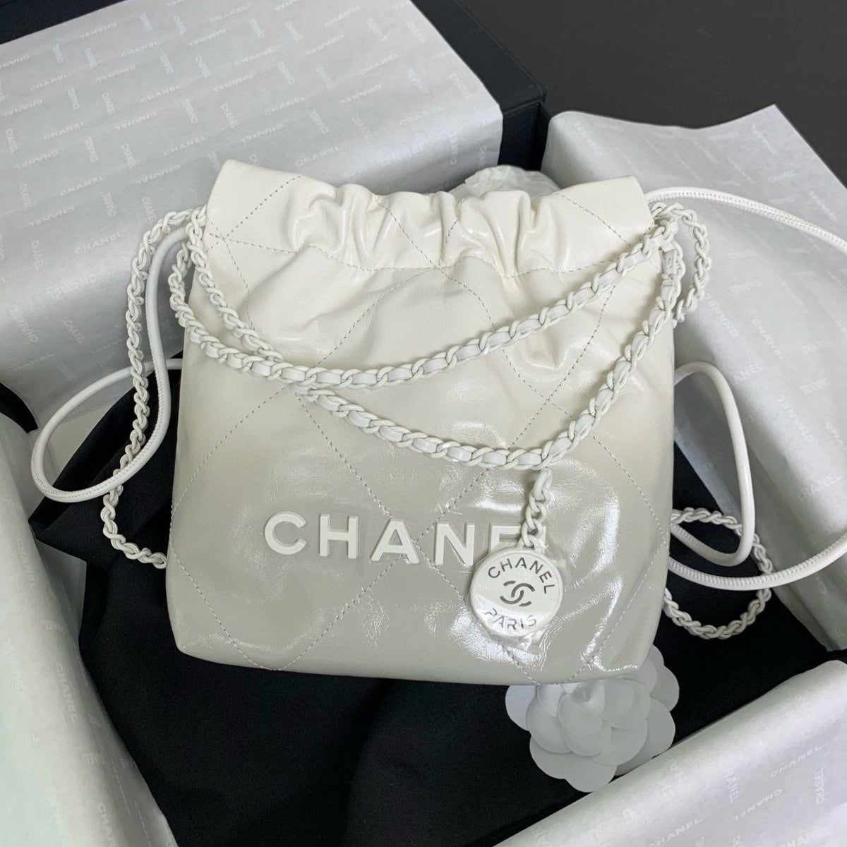 CC Mini 22 Hobo Bag White Grey Lambskin