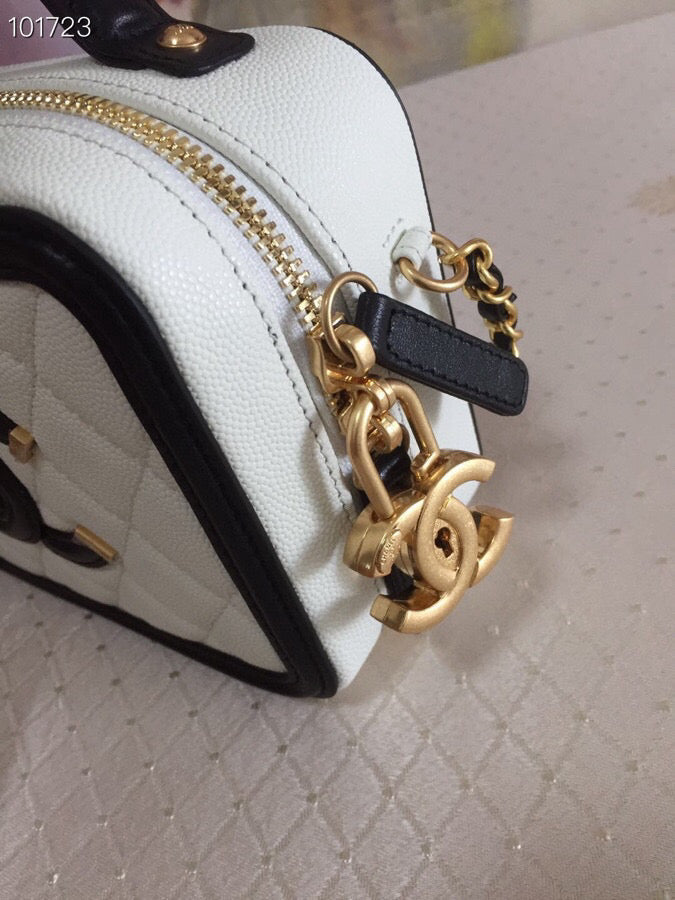 CC Filigree Vanity Case Bag Black White Quilted Caviar Leather