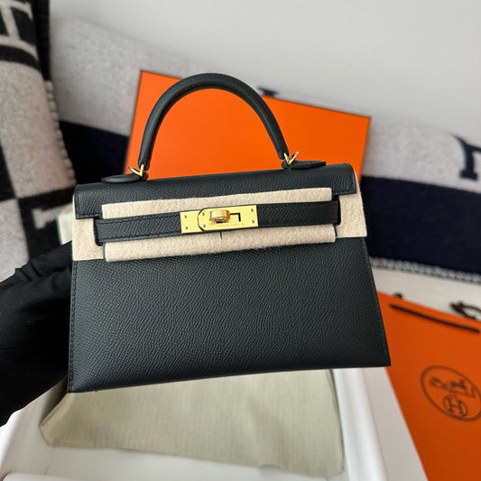 HM Mini Kelly 19cm Black Epsom Gold Hardware Best Version