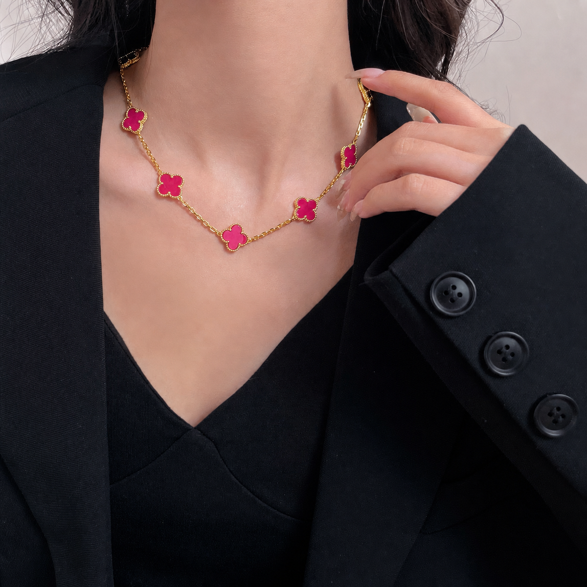 [GALE]NEW CLOVER 10 MOTIFS PINK ENAMEL NECKLACE