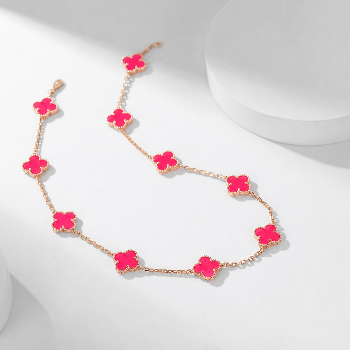 [GALE]NEW CLOVER 10 MOTIFS PINK ENAMEL NECKLACE