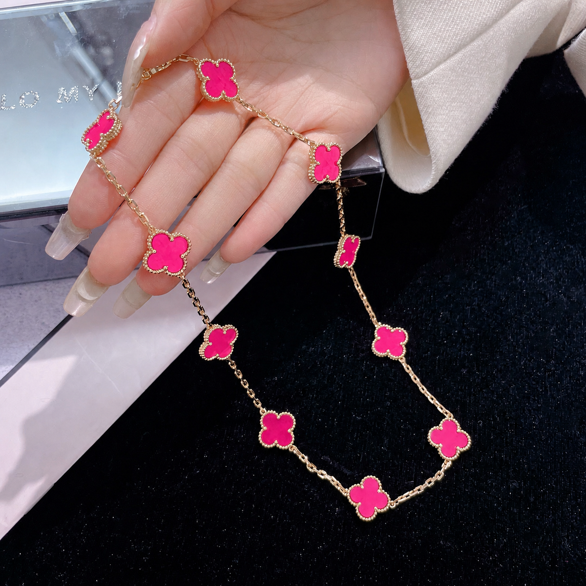 [GALE]NEW CLOVER 10 MOTIFS PINK ENAMEL NECKLACE