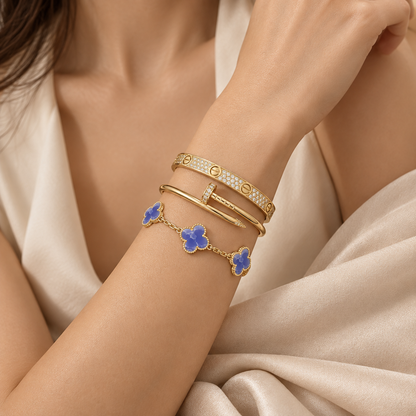 [GALE] LOVE & JUSTE & Blue Veins Clover 5-Motif Diamond Bracelet Stack Set