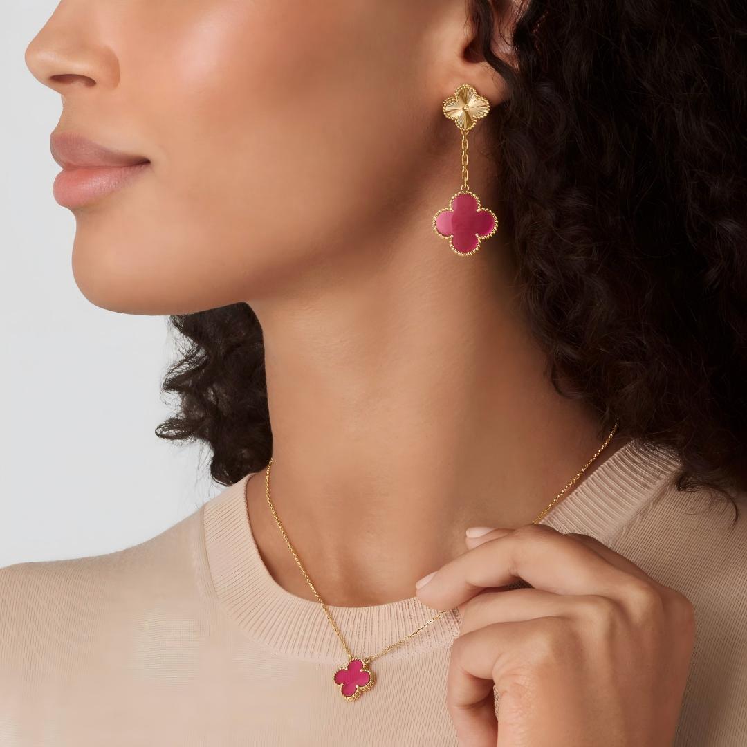 [GALE]Clover Pink Enamel Necklace & Earring Jewelry Set