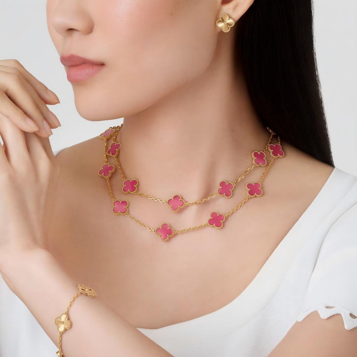 [GALE]Clover Pink Enamel Necklace & Earring Jewelry Set
