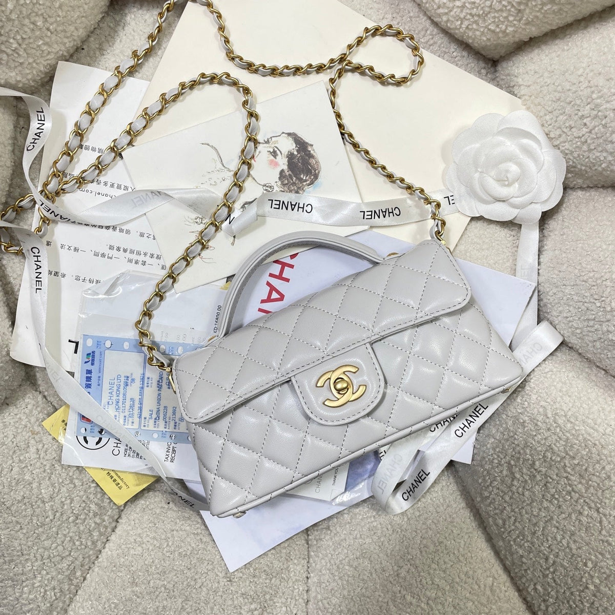 CC 25P Mini Flap Bag 22cm Top Handle Grey Calfskin Gold Hardware