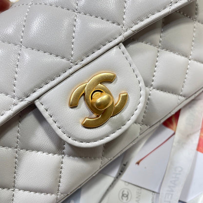 CC 25P Mini Flap Bag 22cm Top Handle Grey Calfskin Gold Hardware