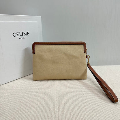 SMALL POUCH 25 IN BEIGE CANVAS AND BROWN CALFSKIN
