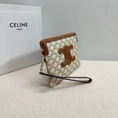SMALL POUCH 25 IN BEIGE TRIOMPHE TEXTILE AND BROWN CALFSKIN