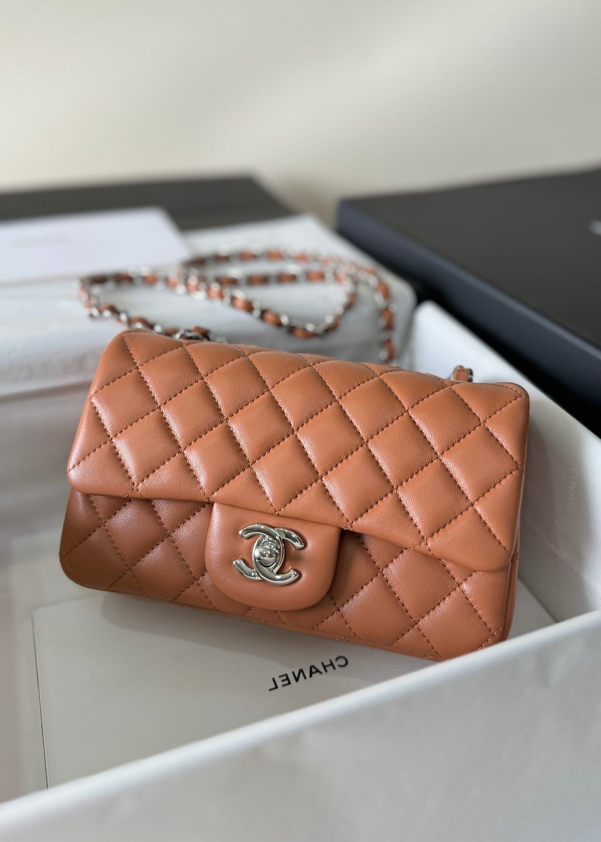 flap bag mini 20 brown lambskin silver hardware