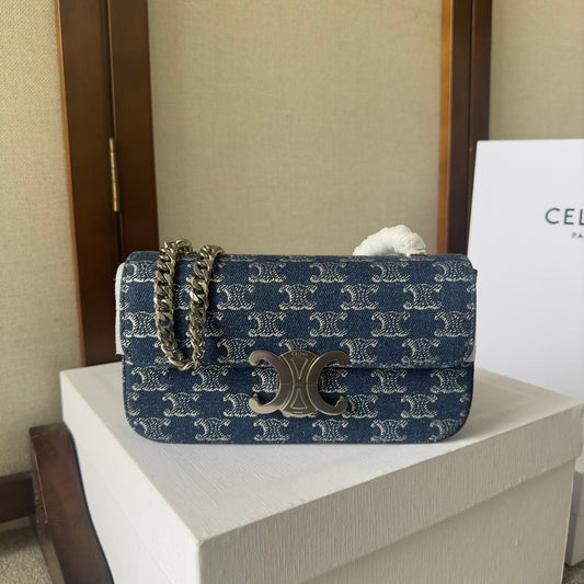 CHAIN SHOULDER BAG CLAUDE 20 IN BAYOUX BLUE TRIOMPHE DENIM SILVER HARDWARE