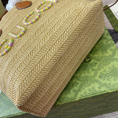 SMALL 35 STRAW-EFFECT TOTE BROWN MIX BEIGE