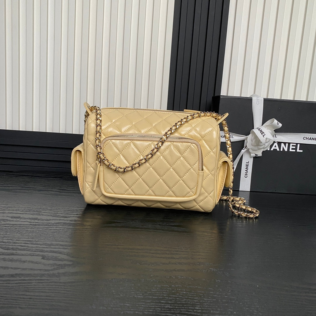 24K Camera Bag Beige Calfskin Gold Hardware