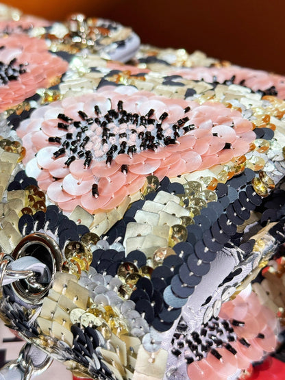 24S Flap Bag 25.5cm Multicolor Sequin Pink Flower Pearl Caflskin