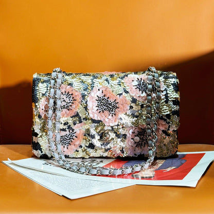 24S Flap Bag 25.5cm Multicolor Sequin Pink Flower Pearl Caflskin