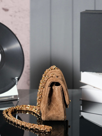 Classic Flap Bag 20cm Brown Suede Gold Hardware