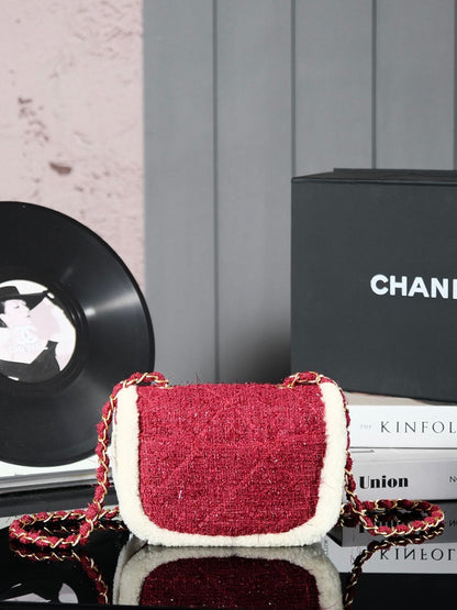 CC 24N Flap Bag 20cm Red Beige Tweed Sherling