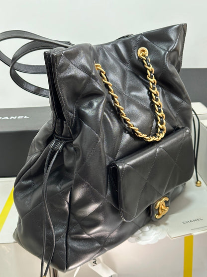 CC 25C Drawstring Backpack Black Lambskin Gold Hardware 243655
