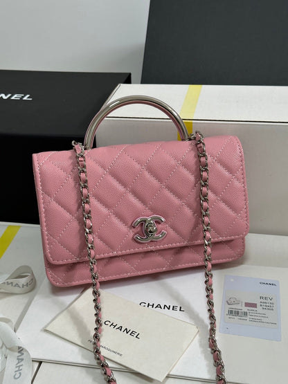CC 25P Wallet Woc Handle 19cm Pink Pastel Leather Silver Hardware 243448