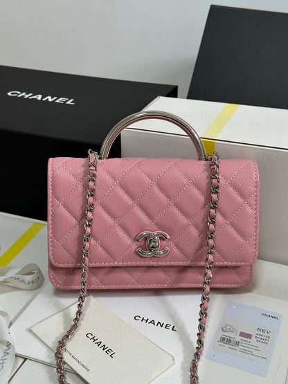 CC 25P Wallet Woc Handle 19cm Pink Pastel Leather Silver Hardware 243448