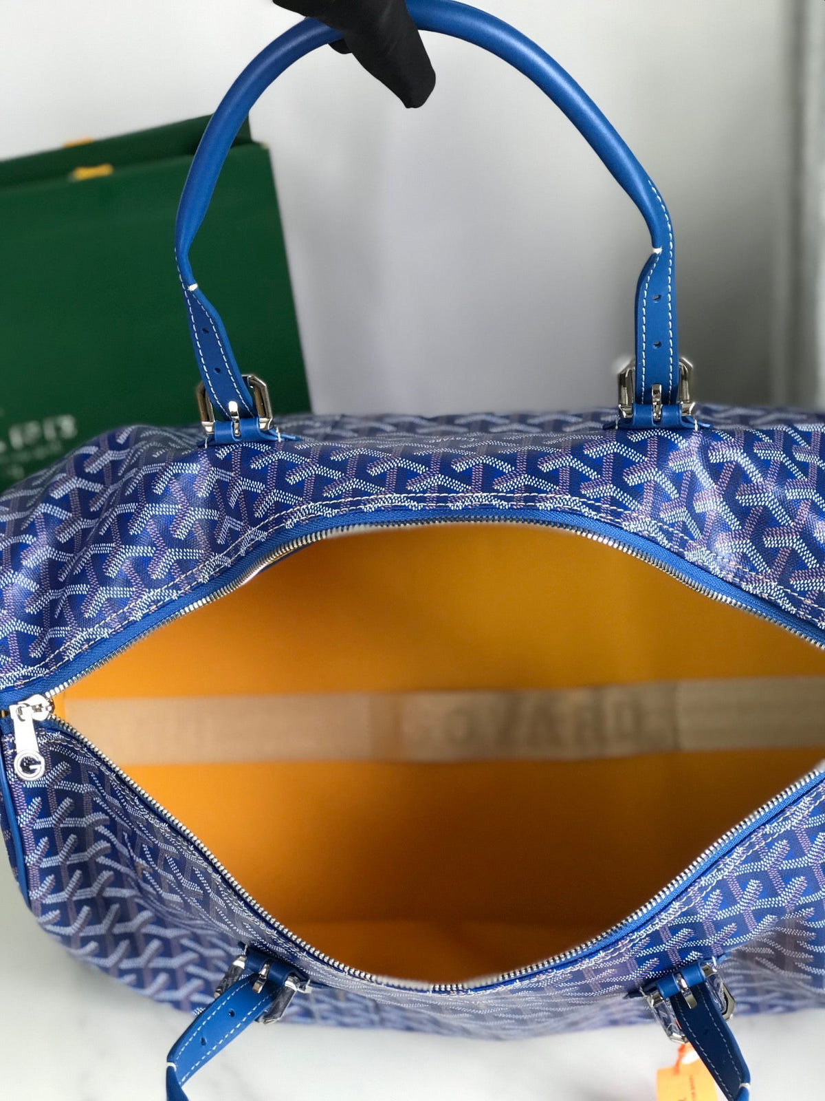 BOSTON 50 BAG IN SAPPHIRE BLUE GOYARDINE CANVAS AND CALFSKIN TRIM