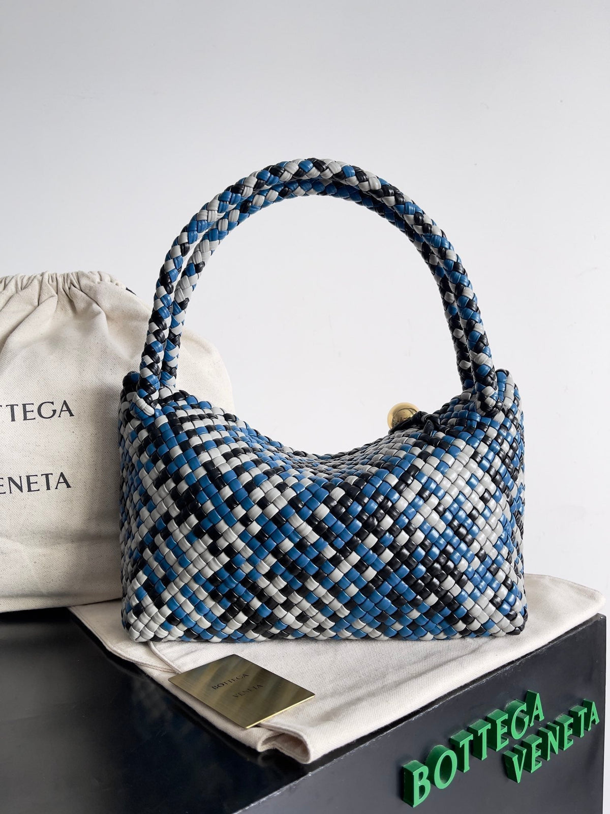 BV Tosca 27 Bag In Blue Mix Black Mix White Calfskin 209077 Best Version