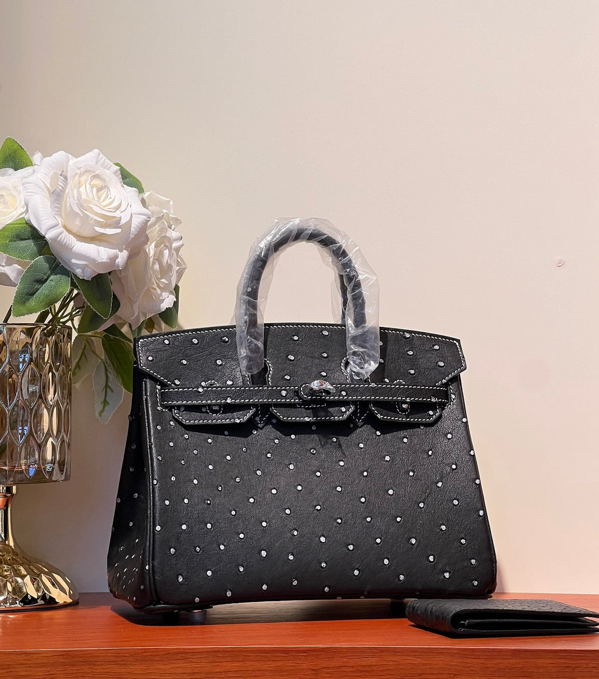 KELLY SELLIER 25 BAG IN BLACK OSTRICH LEATHER WITH WHITE RHINSTONES (MADE - TO - ODER)