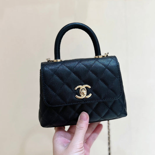 CC 24K Coco Hanle Nano 18cm Black Grained Calfskin Gold Hardware
