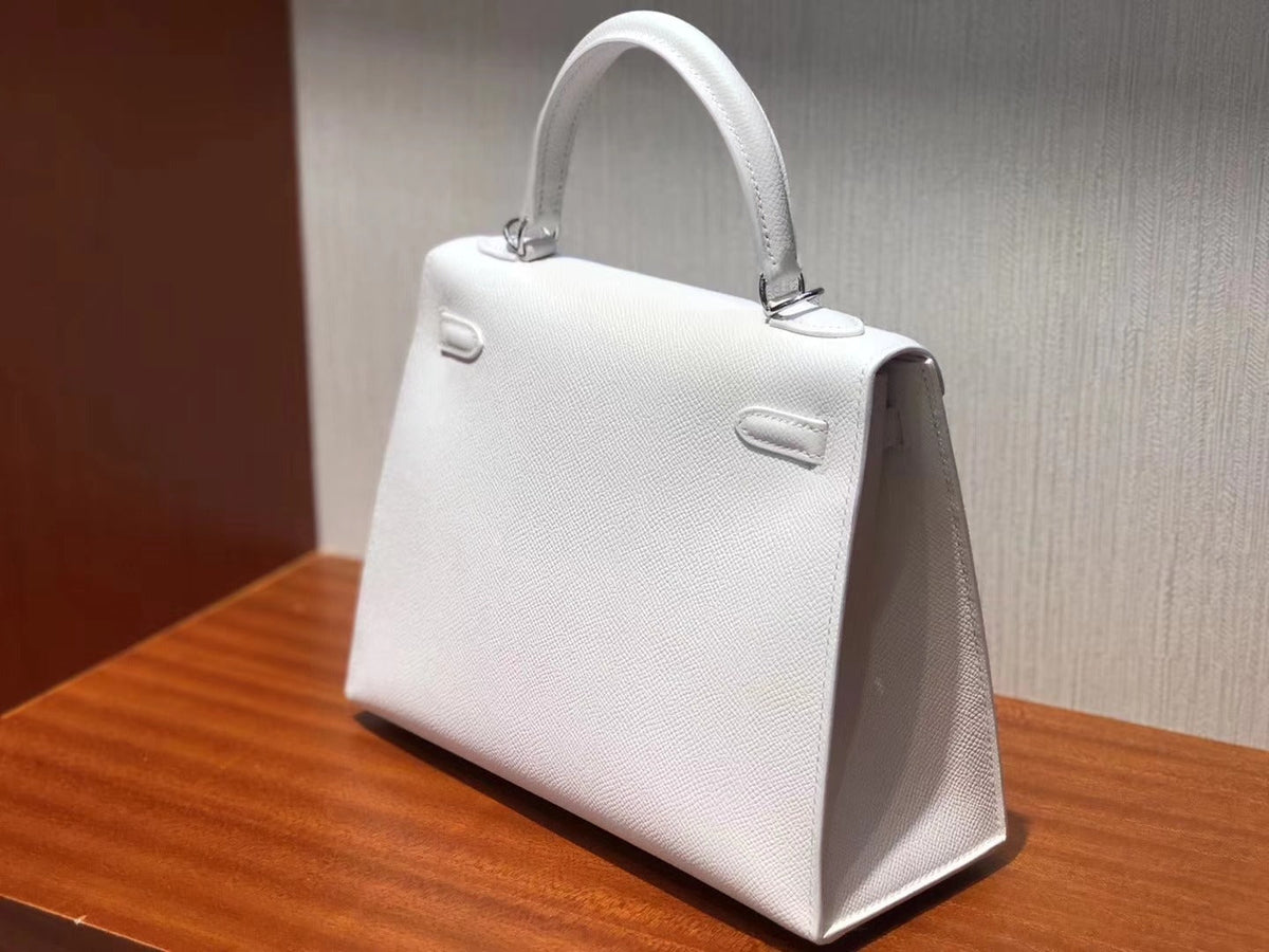 HM KELLY 25CM PURE WHITE EPSOM LEATHER SILVER HARDWARE