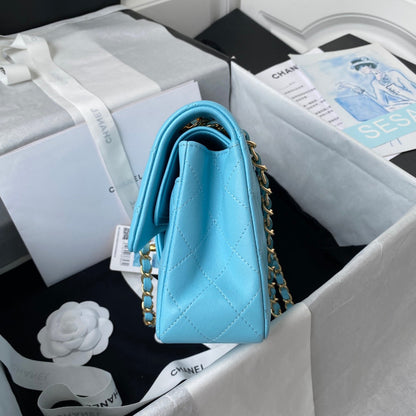 Medium Classic Flap Bag 23cm Blue Sky Lambskin Gold Hardware